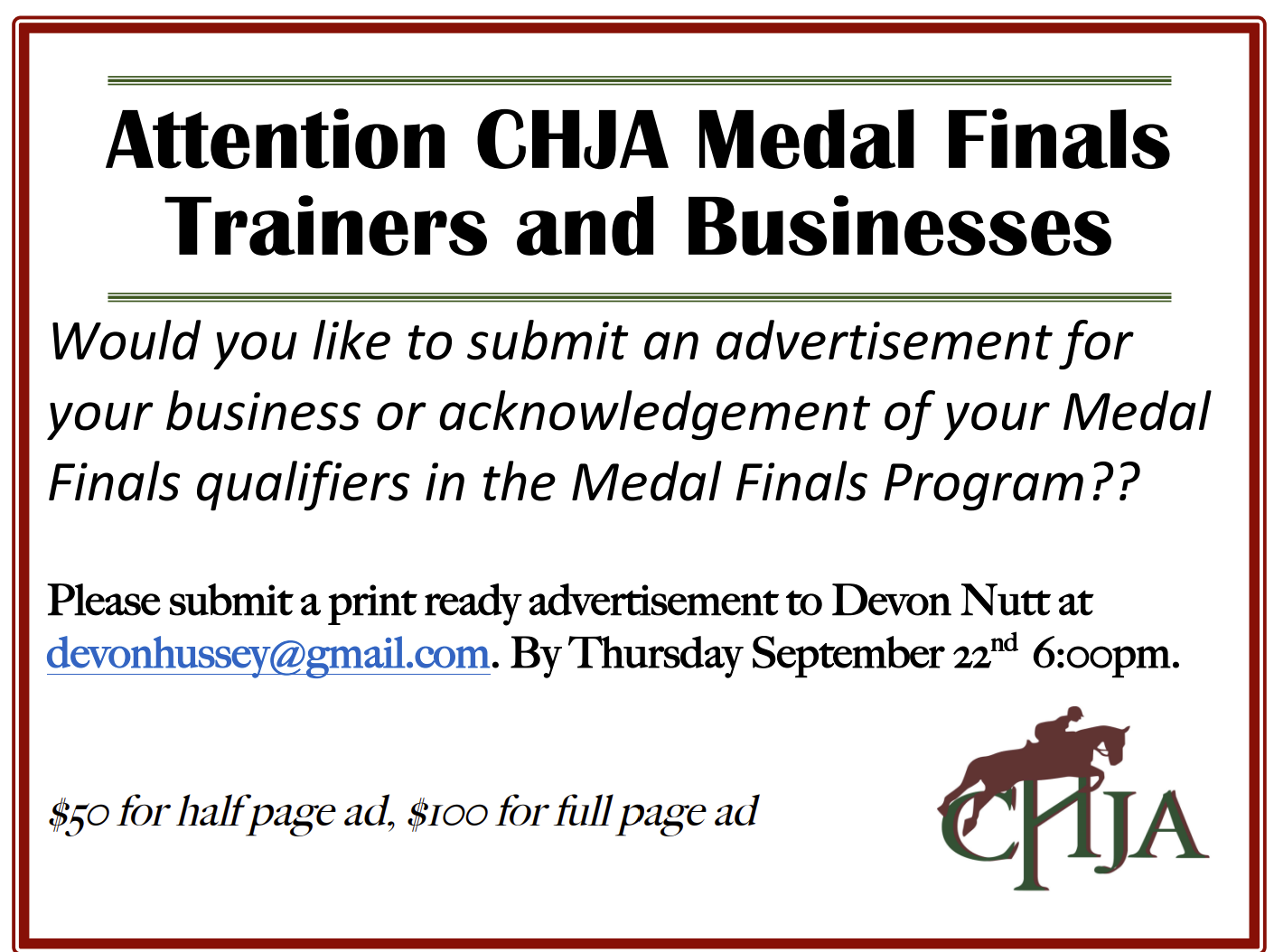 Ad Info for CHJA Medal Finals 2022
