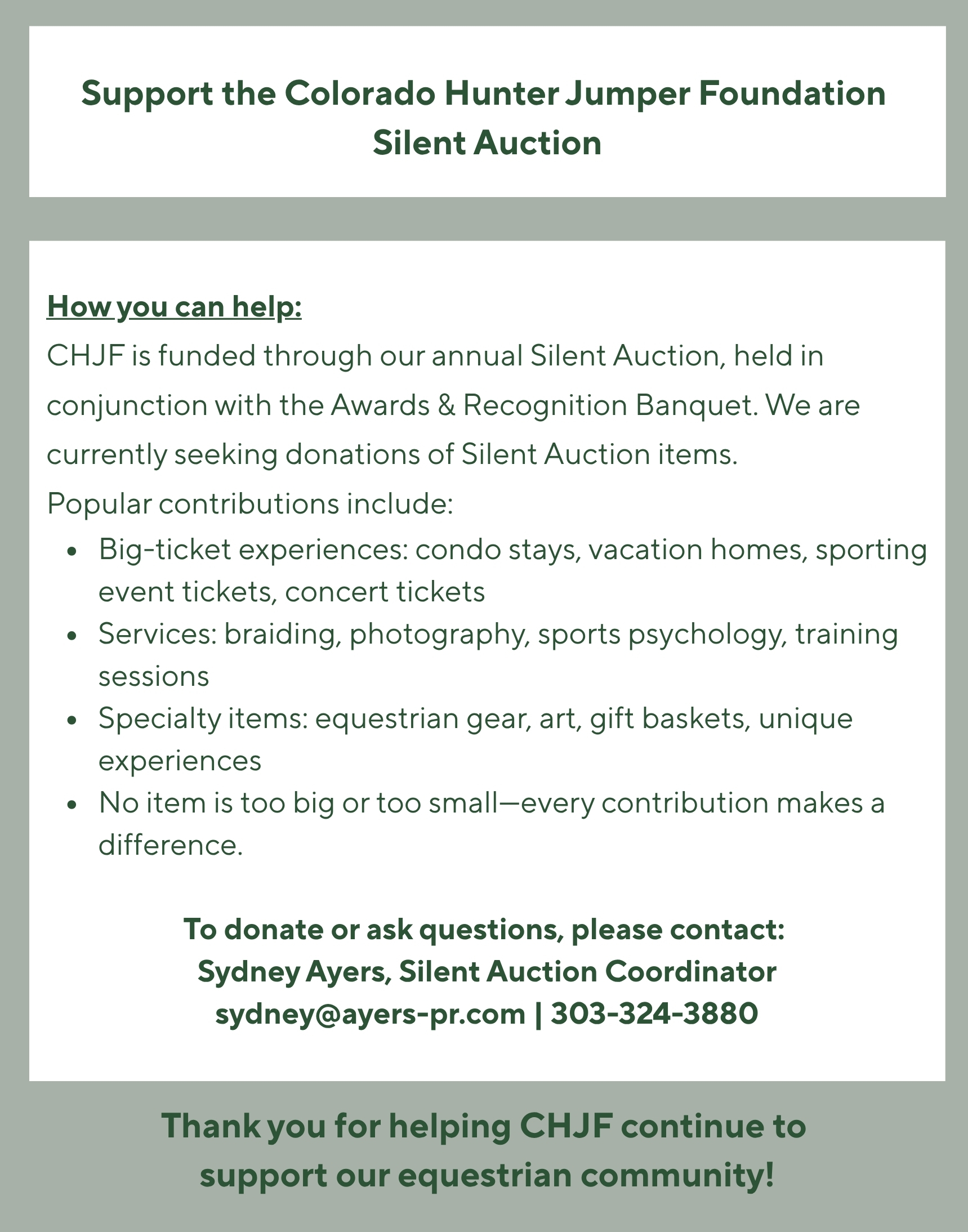 Support the CHJF Silent Auction