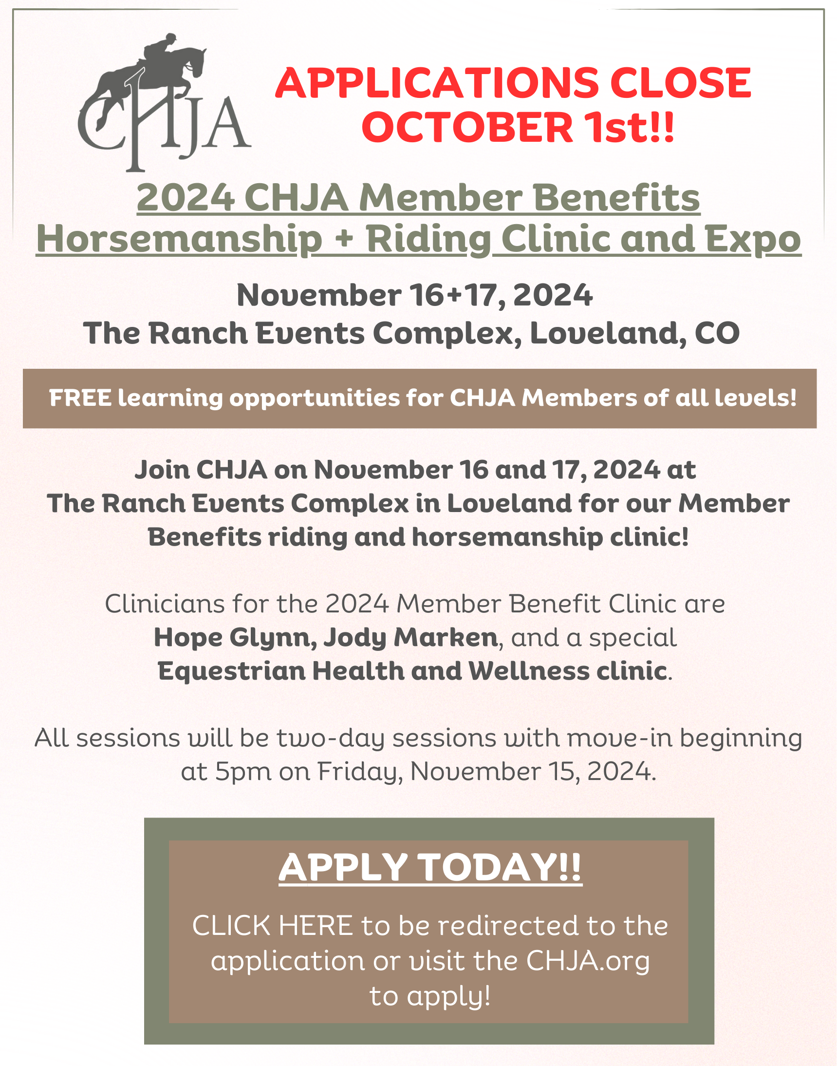 2024 CHJA Member Benefits Horsemanship + Riding Clinic and Expo